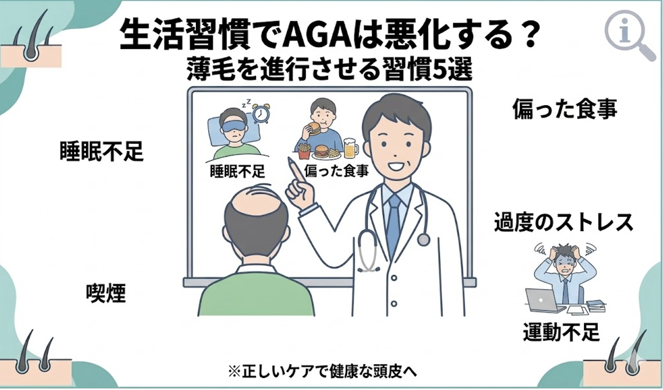 AGAを悪化させる生活習慣（睡眠不足・偏った食事・喫煙・ストレス・運動不足）